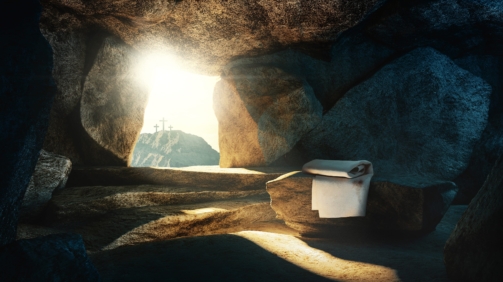 Tomb empty with shroud and crucifixion, 3d rendering